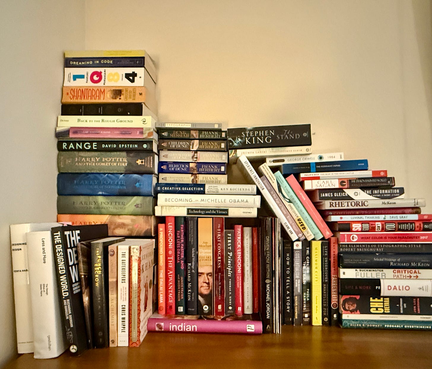 Collection of books in disarray.