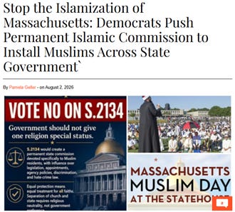 The image depicts a political campaign against a proposed bill in Massachusetts that would establish a permanent commission for Muslim affairs, raising concerns about religious equality and separation of church and state. AI-generated content may be incorrect.