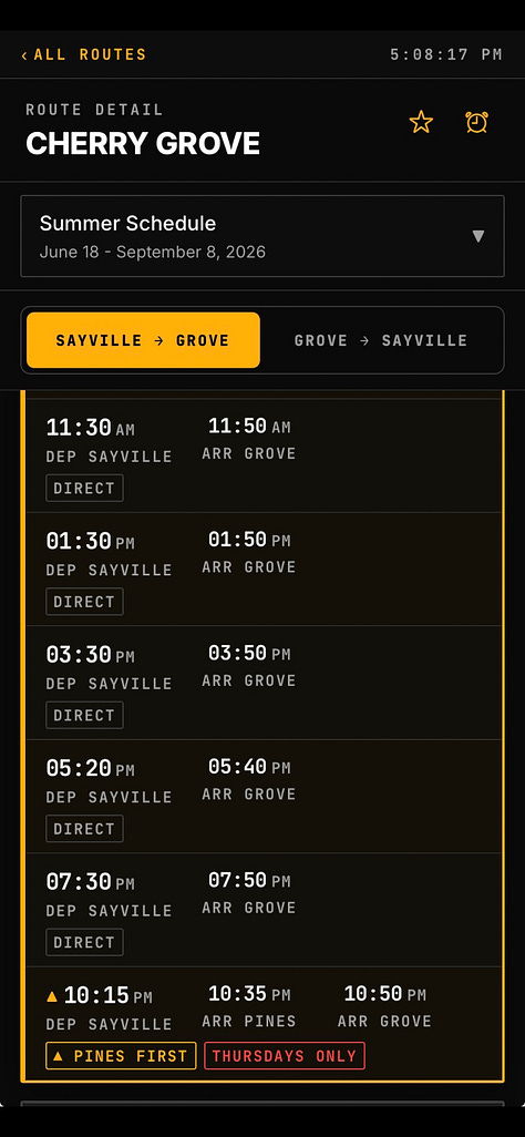 Screenshots of Boatload, a dark-mode app with gold accents. The home screen shows the next departures to Fire Island Pines and Cherry Grove with a countdown. Other screens show schedules by day and season, a Labor Day schedule-change alert, ferry reminders, and the app menu.