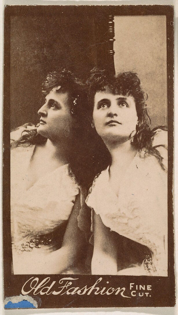 Actress posing with reflection in mirror, from the Actresses series (N664) promoting Old Fashion Fine Cut Tobacco, Albumen photograph Actress posing with reflection in mirror, from the Actresses series (N664) promoting Old Fashion Fine Cut Tobacco, Albumen photograph