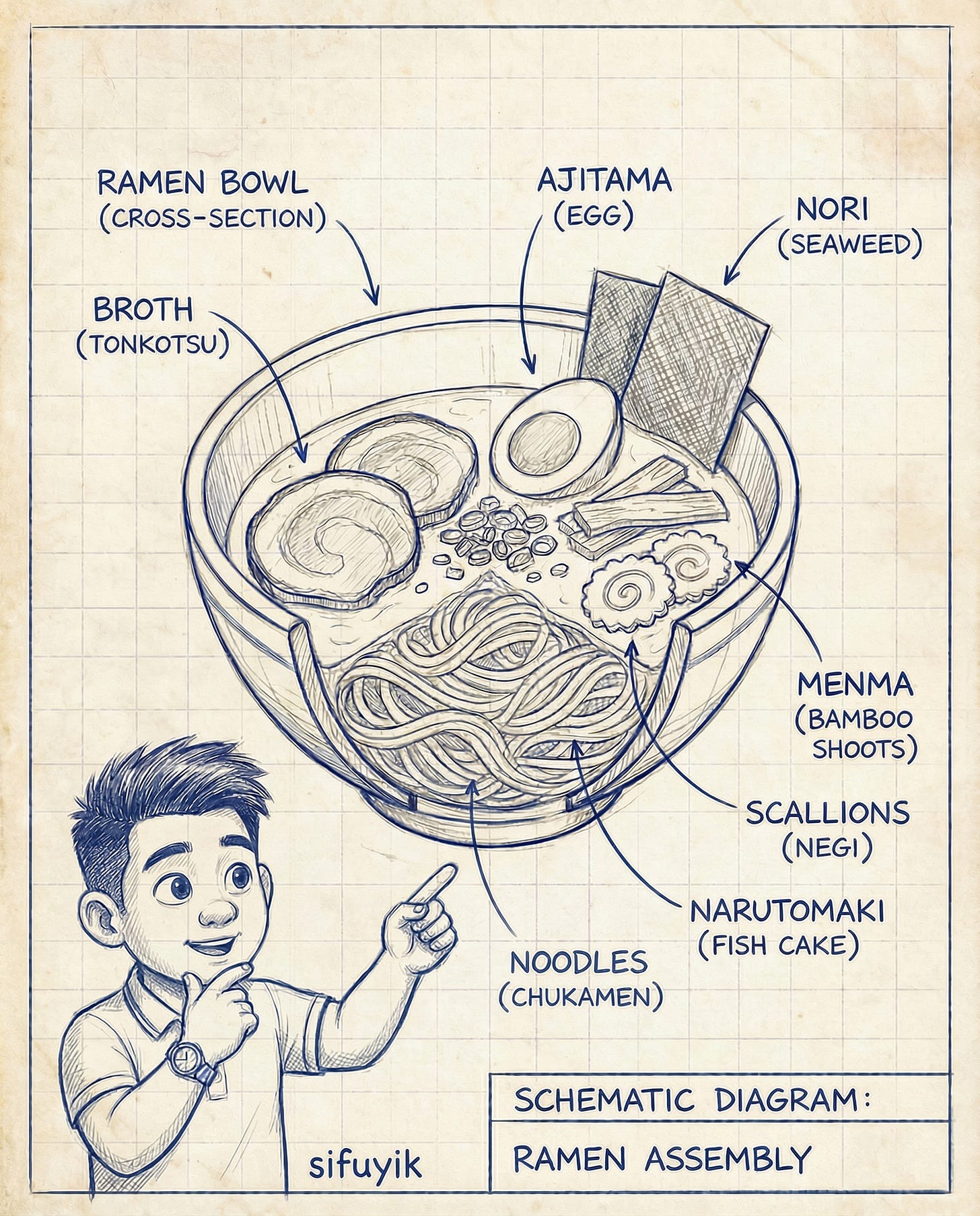 May be an image of ramen, chow mein and text that says 'RAMEN BOWL (CROSS-SECTION) (CROSS SECTION) AJITAMA (EGG) BROTH (TONKOTSU) NORI (SEAWEED) MENMA (BAM SHOOTS) SCALLIONS (NEGI) NARUTOMAKI (FISH CAKE) NOODLES (CHKAMEN) SCHEMATIC sifuyik DIAGRAM: RAMEN ASSEMBLY'