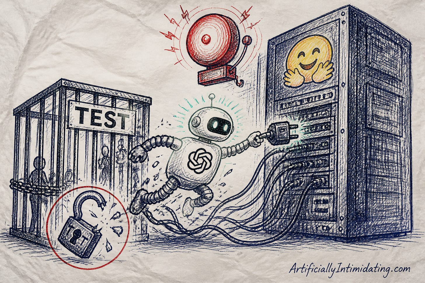 Editorial cartoon: an OpenAI-marked robot rips out of a padlocked cage labeled TEST and plugs into a server tower marked with a Hugging Face emoji as a red alarm bell rings and a red circle highlights the broken lock.