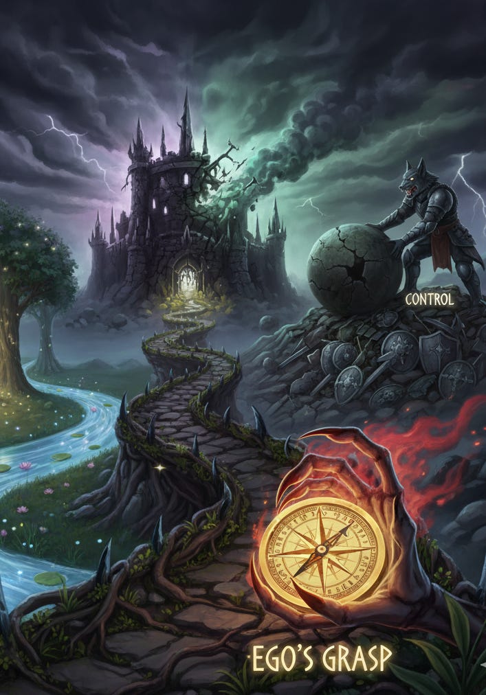 A mystical landscape illustrating the concept 'You Can't Control Your Way to Peace. The Ego's Need to Win Creates More Conflict.' On the left, a tranquil path leads to a serene area with a meditating Buddha by a flowing river, symbolizing 'PEACE.' On the right, a dark, stormy landscape features a fortress and a heavily armored figure pushing a large, stone sphere labeled 'CONTROL' up a hill of weapons, representing conflict. In the foreground, a gnarled, root-like hand holds a glowing compass labeled 'EGO'S GRASP,' pointing towards the path of control and conflict rather than peace.