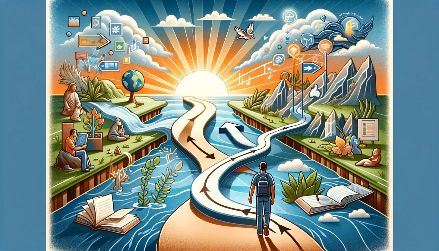 A winding path of self-reflection and growth, with arrows indicating a dialectical movement of beliefs and counterarguments. The path winds through different stages of life, with scenes depicting various moments of personal development. The background includes a sunrise, symbolizing hope, and a river, symbolizing the flow of life. Floating symbols and ideas are present, representing the evolving nature of beliefs and self-reflection, but there is no person on the path.