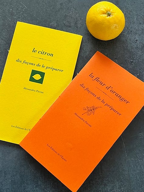Three images of two different paper pamphlets coloured yellow and orange, with recipes and articles about lemons and orange blossom