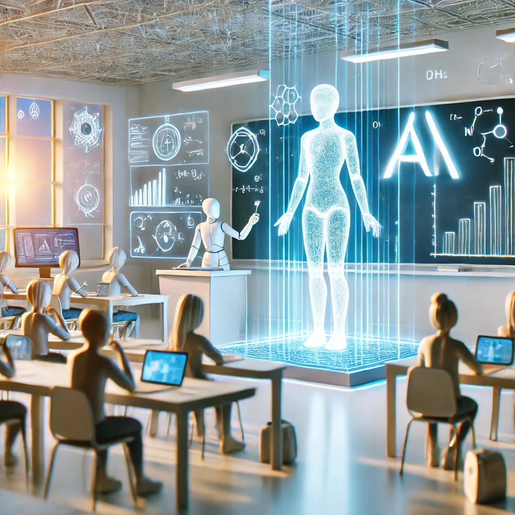 An artistic and modern illustration showcasing the concept of artificial intelligence in education, featuring a futuristic classroom with a glowing AI hologram assisting students as they solve physics problems on whiteboards and laptops. The scene should include a balance of human and AI interaction, with a clean and minimalistic design emphasizing collaboration and learning. Use soft, bright lighting and a high-tech yet approachable aesthetic. No text.