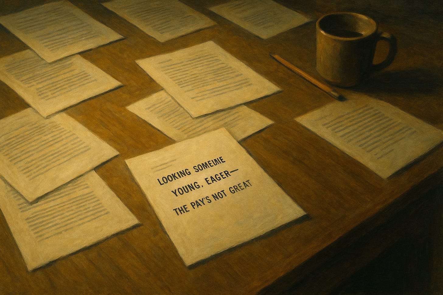A moody, painterly 1940s-style illustration of a wooden desk viewed from above, scattered with papers, a coffee cup, and a pencil. One typed page reads, “Looking for someone young, eager — the pay’s not great.” Warm, cinematic lighting evokes Edward Hopper realism and mid-century office atmosphere.