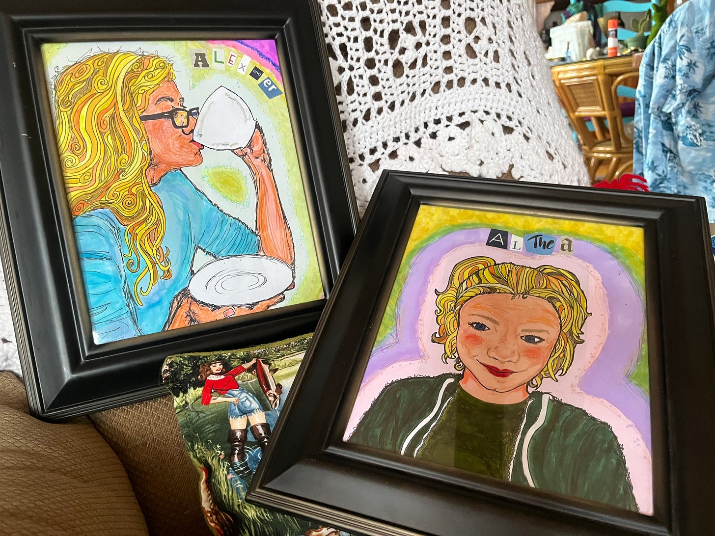 Two pencil, pen, and marker portraits of children, one thirteen-year-old boy with long hair and glasses drinking from a teacup, and a ten-year-old-girl gazing confidently at the viewer with a Mona Lisa smile. Two pencil, pen, and marker portraits of children, one thirteen-year-old boy with long hair and glasses drinking from a teacup, and a ten-year-old-girl gazing confidently at the viewer with a Mona Lisa smile.