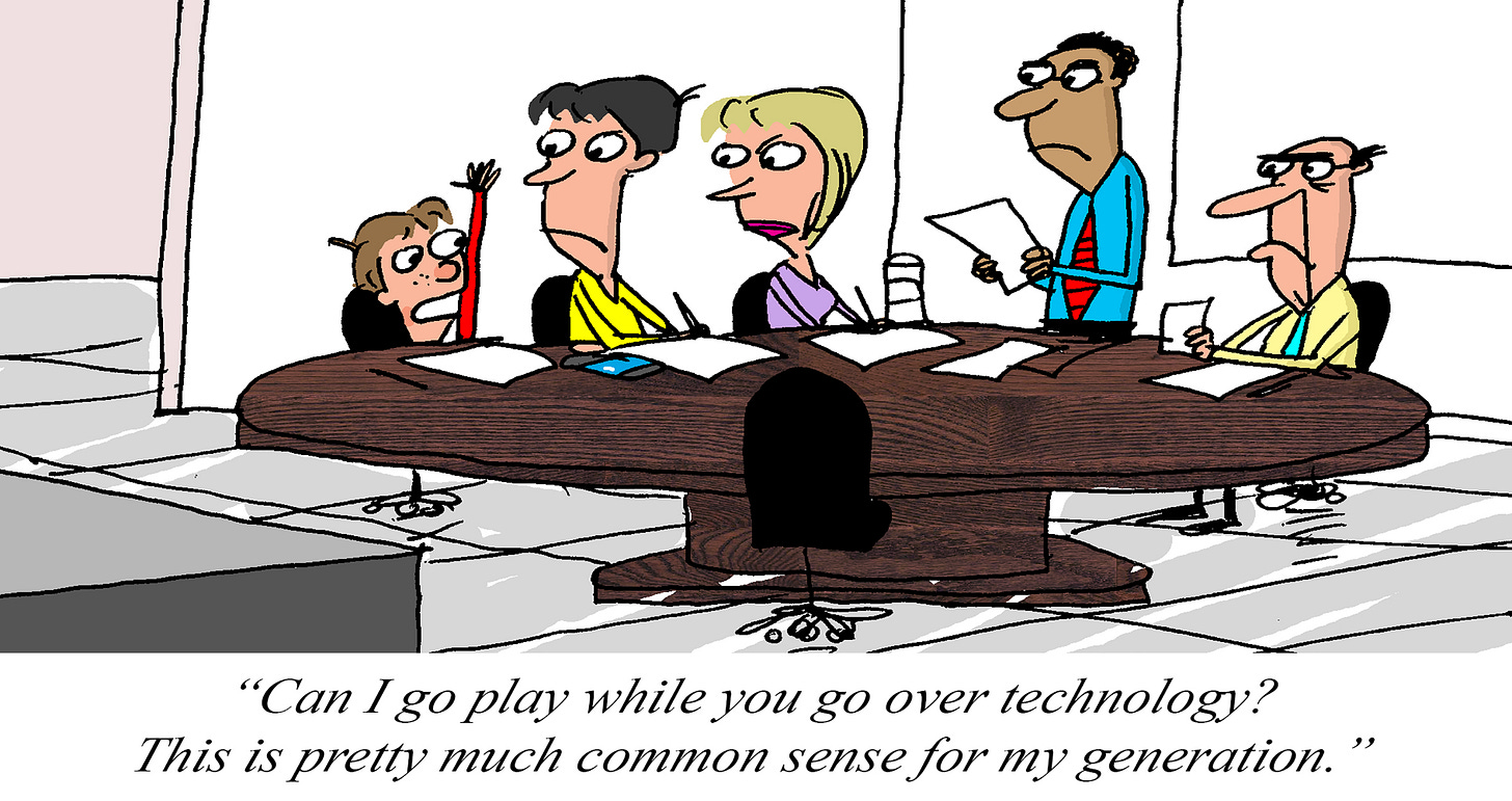 Cartoon of a child seated at a conference table with adults during a meeting, raising a hand and asking to go play while they discuss technology, highlighting humor about generational differences in comfort with technology.