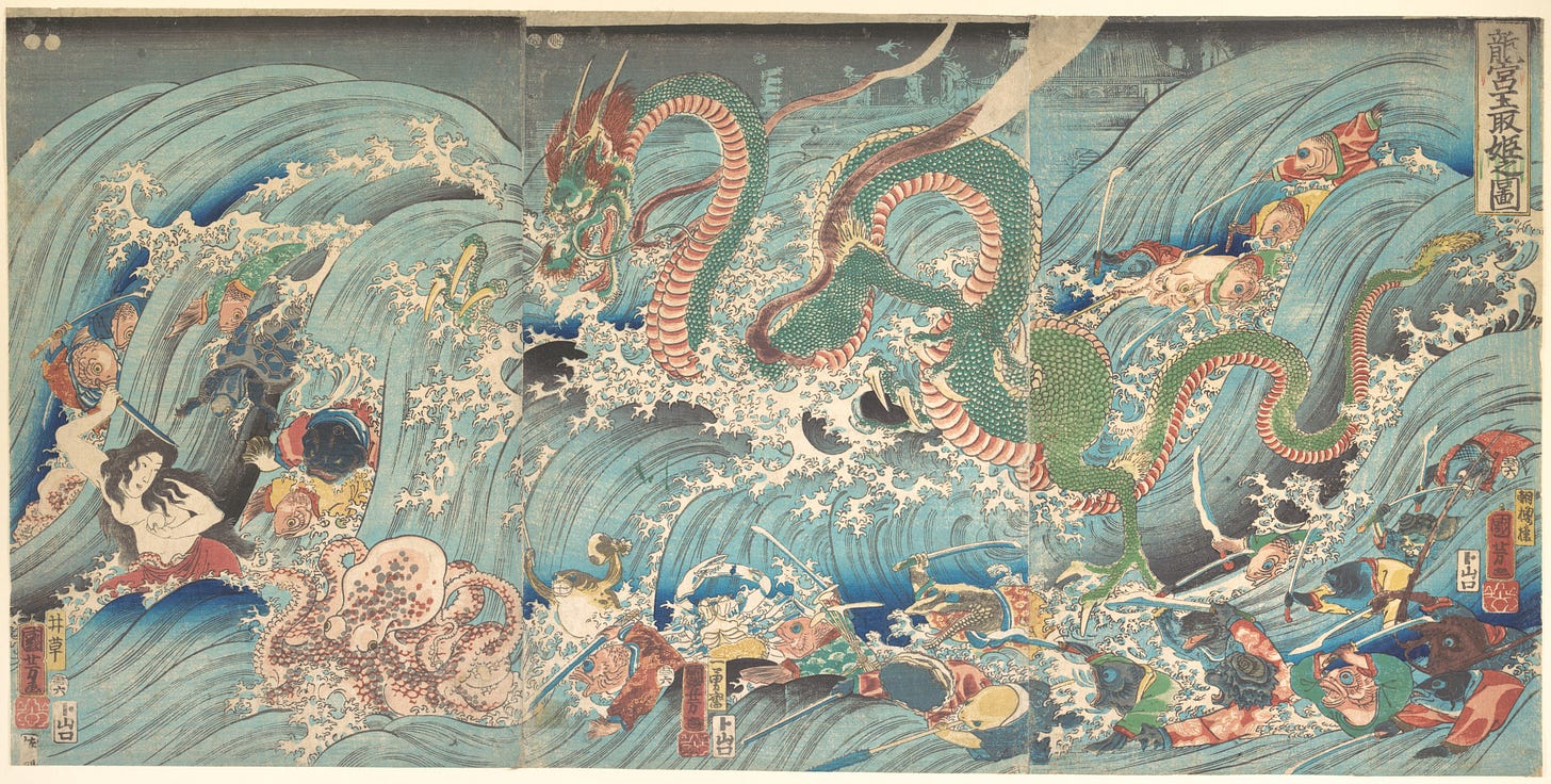 Japanese art showing a water dragon in battle with sea creatures and humans