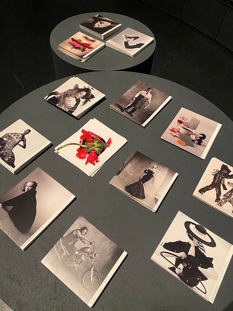 A selection of Vogue magazine covers by Irving Penn, the view from the gallery coffee shop, postcards of his photography work