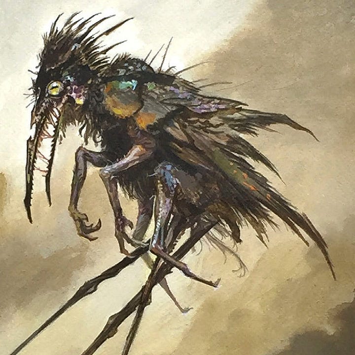 LEFT: Detail from TRIPOD WALKERS featuring a beaked horror tip toeing through hazy clouds of a dusty apocalypse on unnaturally long legs.  RIGHT: Close detail from TRIPOD WALKERS featuring a closer look at the body mass of the beaked horror. The pupil of its eye is a dash against green sheen as it seeks. Its mass is concentrated in its thorax with 4 short appendages folding beneath it. The rounded carapace on its shoulder glistens metallically. It may have had wings but they're tattered now.