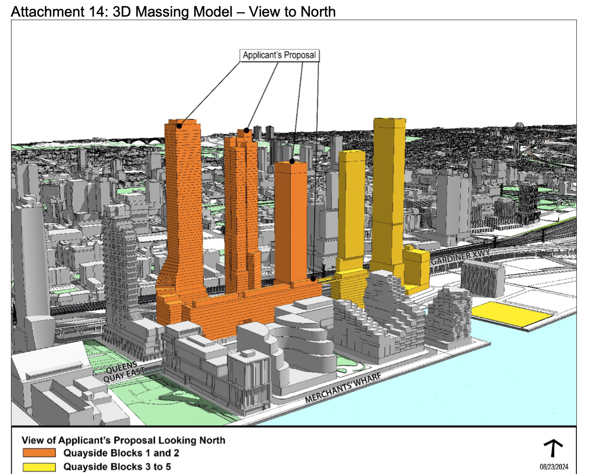 A 3D model of the first five blocks of the Quayside development, showing tall towers near the waterfront