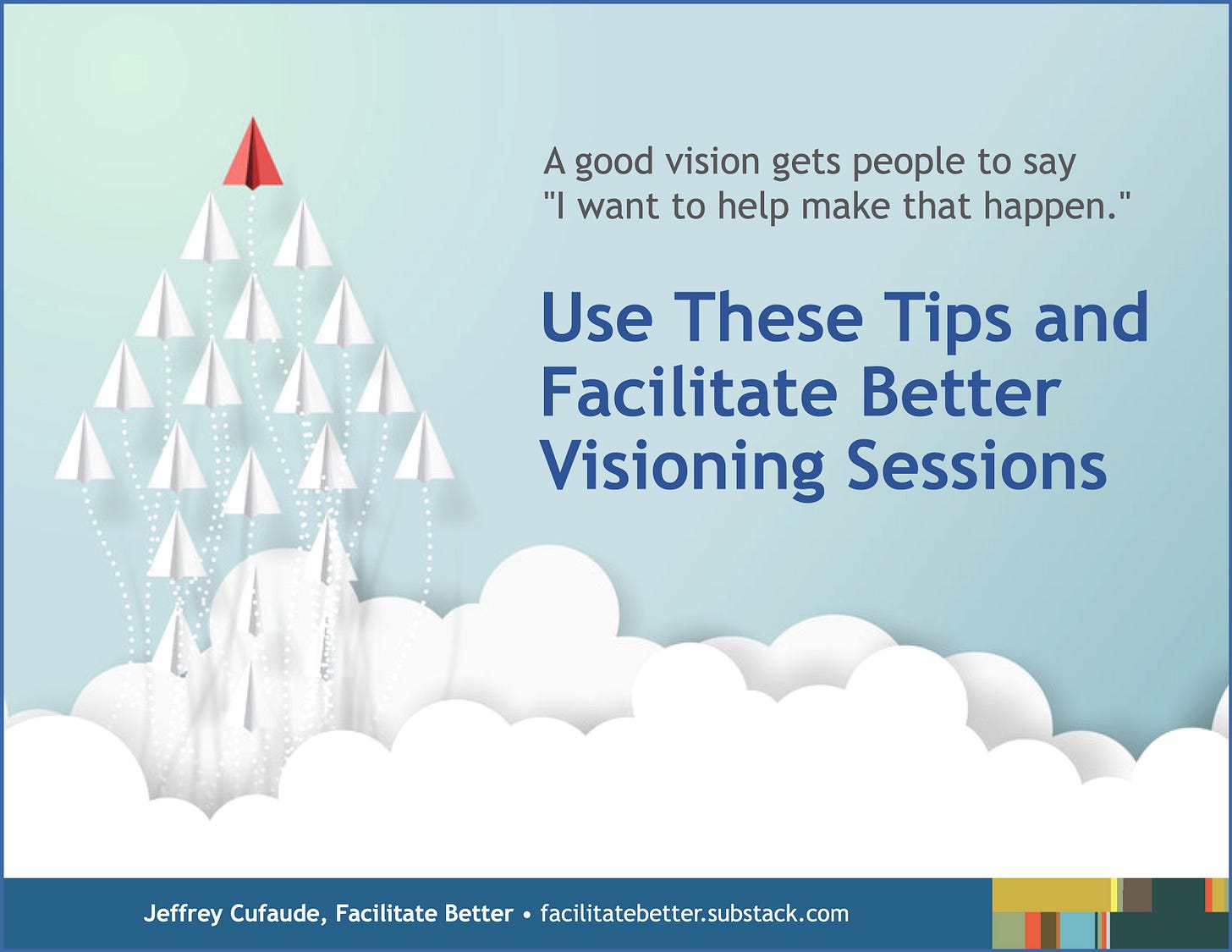 an illustration with a paper collage of horizontal white clouds at the base and more that a dozen white paper airplanes flying out in formation with one loan red paper airplane leading at the top