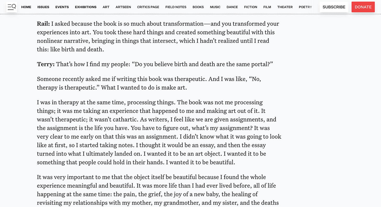 screenshot of the text of an interview between Rachel León and Shayne Terry published in The Brooklyn Rail