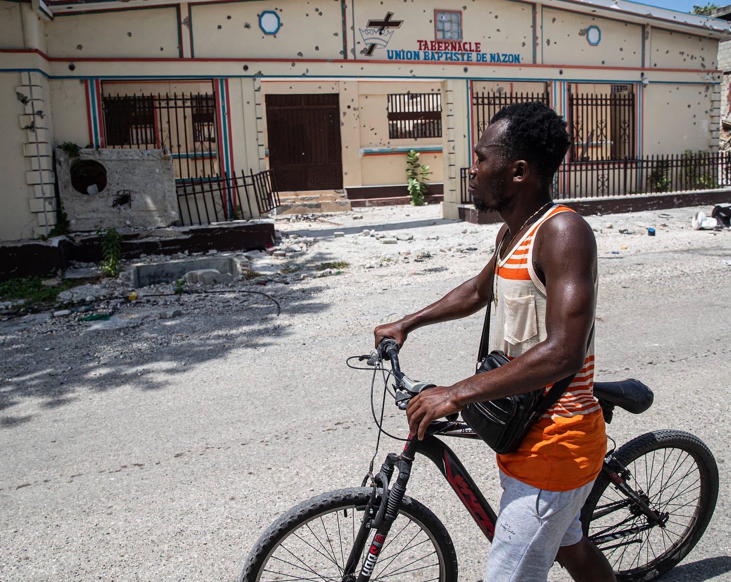 The bullet-hole-riddled Union Baptiste de Nazon church in the Delmas 30 neighbourhood in Port-au-Prince, Haiti, which was attacked by gangs on 25 September, 2025 (Credits: Clarens Siffroy/AFP/Getty Images/The Guardian)