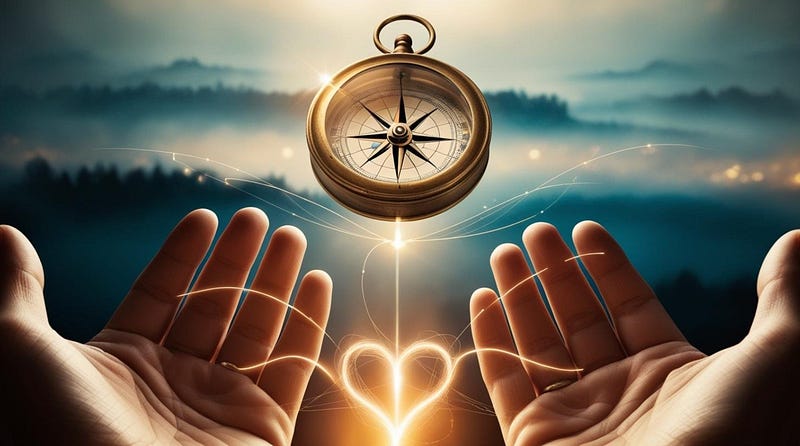 Hands open towards a compass representing finding purpose in a lost life.