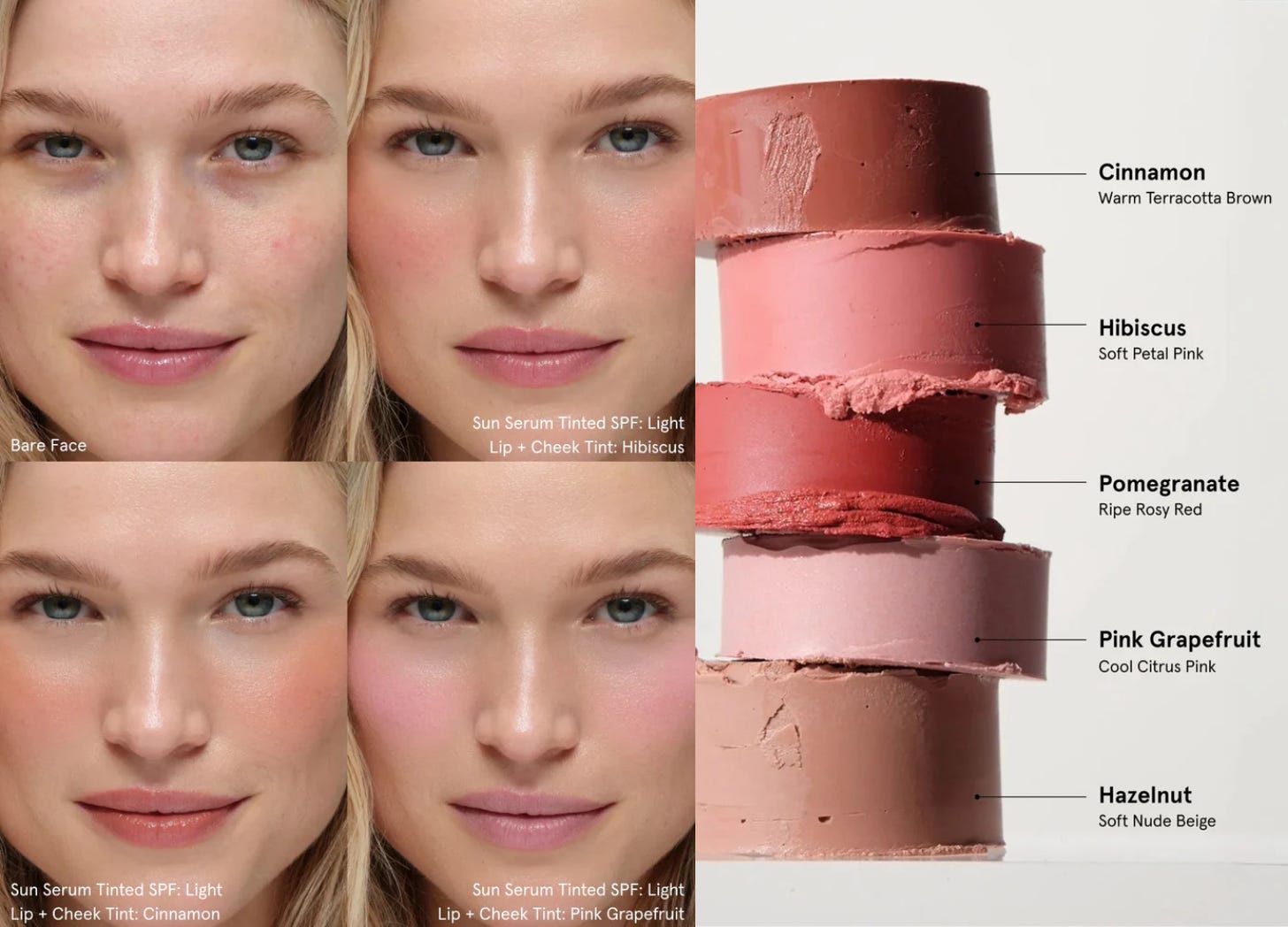Three of the shades shown on a model, and slices of the 5 shades with shade descriptions next to them.
