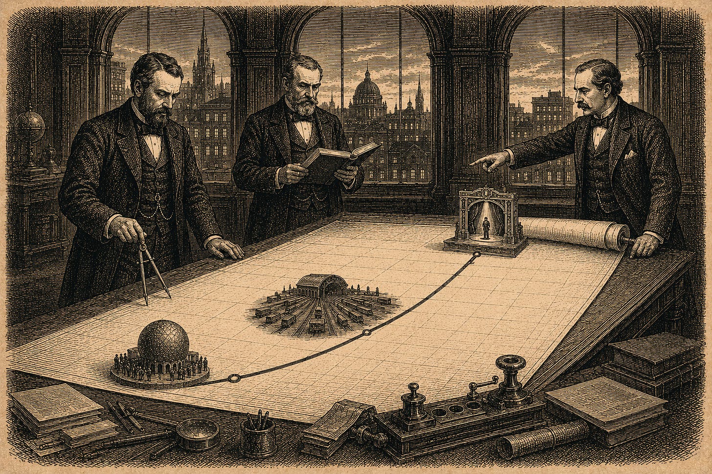 Wood-engraving editorial illustration in the Thomas Nast Harper's Weekly style for Attention Capital's essay The Sphere Is Collateral. A Victorian financial drafting room holds a long polished table on which a vast chart unrolls from a brass cylinder, bearing a single sweeping yield curve, with three small architectural models distributed along the curve representing a sphere, a switchyard, and a tour bond, while three formally dressed financial draftsmen study the curve from different angles. The image visualizes the three-layer live events credit curve from venue to platform to tour, supporting the essay's argument that Sphere, Live Nation, and the tour ABS each occupy a distinct senior-secured spread point in the new live events private credit market.