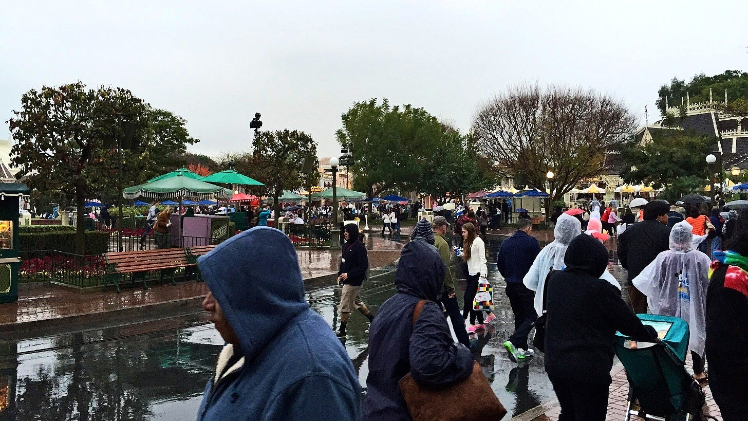 Guests in ponchos on a rainy day at Disneyland in January 2015, not Friday's storm. Image: Fastily via Wikimedia Commons