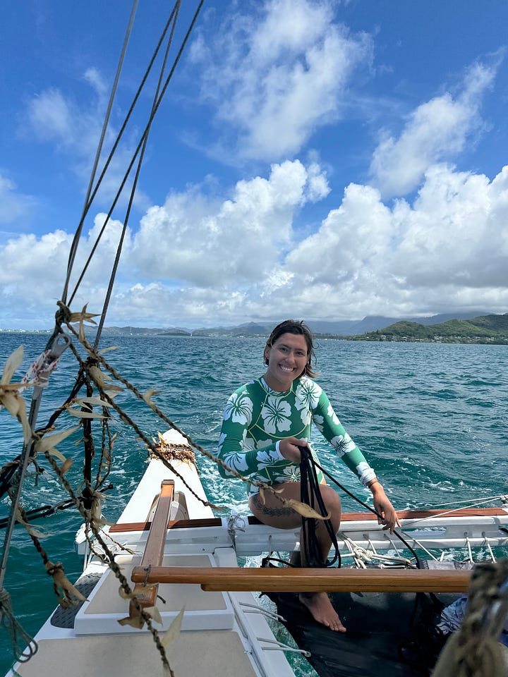 Sailing on double hulled outrigger canoe with my sister and my friend outside of kaneohe bay in east Oahu