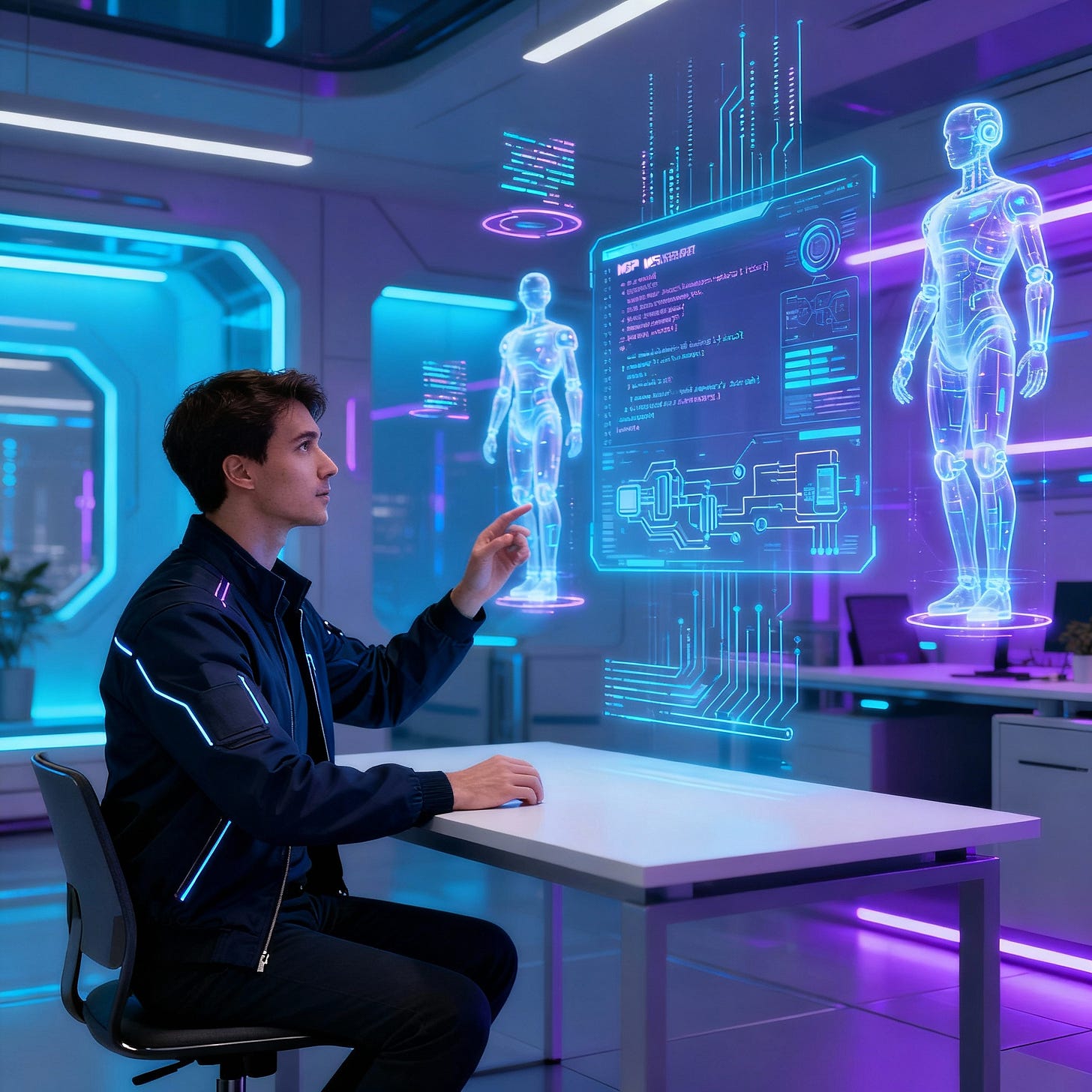 MSP building AI agents in a futuristic environment.