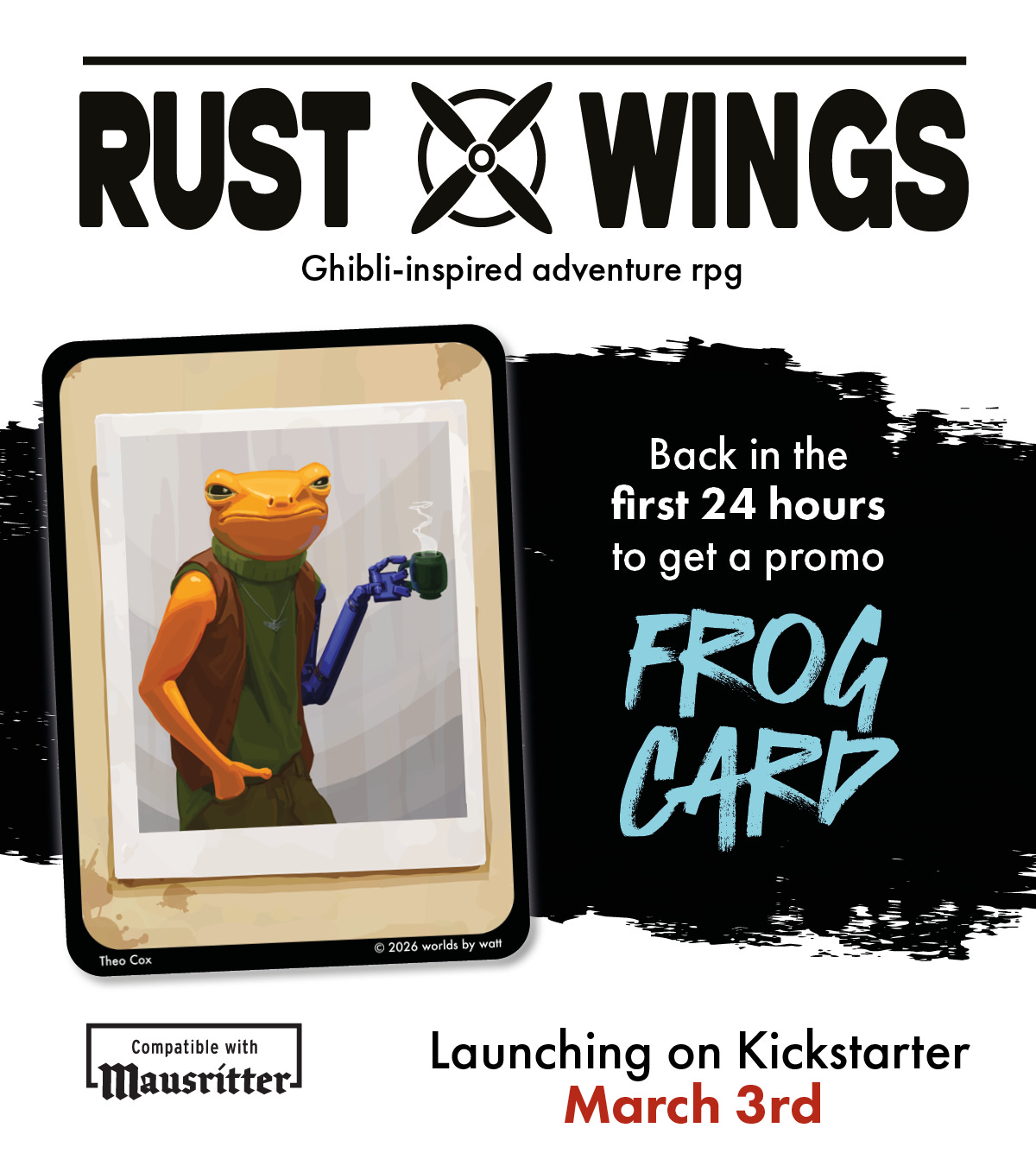 Back Rust Wings in the first 24 hours to receive a frog card. Launched March 3rd, 2026.