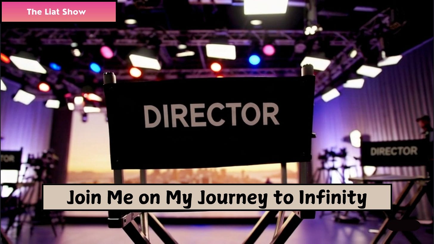 A digital scene showing a director’s chair labeled “DIRECTOR” on a professional film set with bright lighting rigs and camera equipment, conveying a behind-the-scenes atmosphere. Created for The Liat Show.