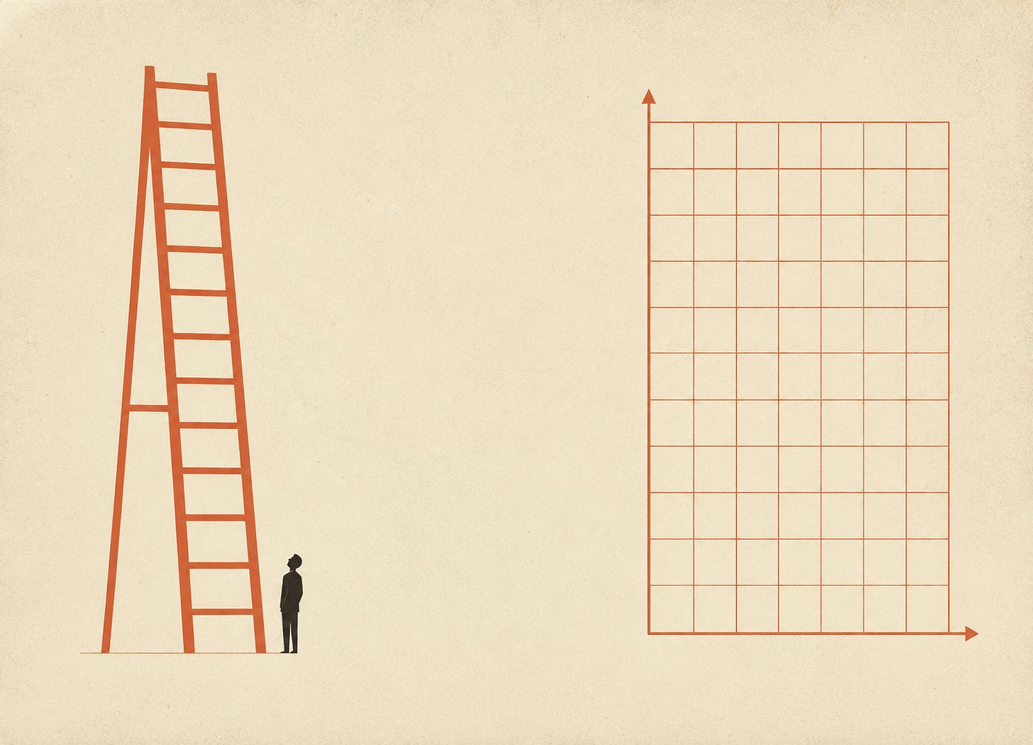 A lone figure stands at the foot of a tall ladder on the left; on the right, an empty two-axis grid. The ladder's single line of rungs gives way to a two-dimensional plotting frame.