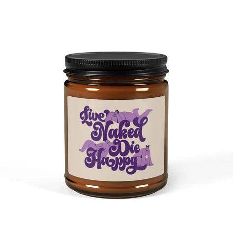 A six-image grid of Planet Nude Etsy products: top left, a humorous beach greeting card showing two giant dinosaurs towering over nude sunbathers; top middle, an amber glass “Live Naked Die Happy” candle; top right, a bright green “Clothing Optional Beyond This Point” T-shirt; bottom left, a purple “Play Naked” pickleball set with two paddles and two yellow balls; bottom middle, a coir doormat reading “Clothing Optional Beyond This Point”; bottom right, a retro-style circular patch showing two nude human figures under stars with the caption “Made From Starstuff.”