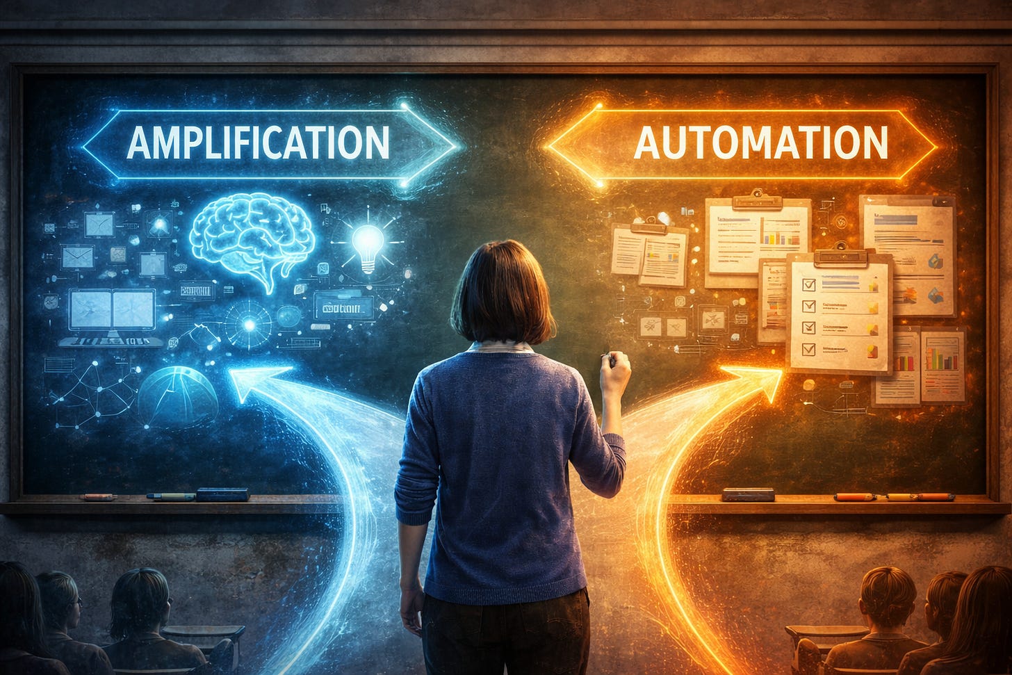 Teacher choosing between AI amplification and AI automation in classroom instruction.