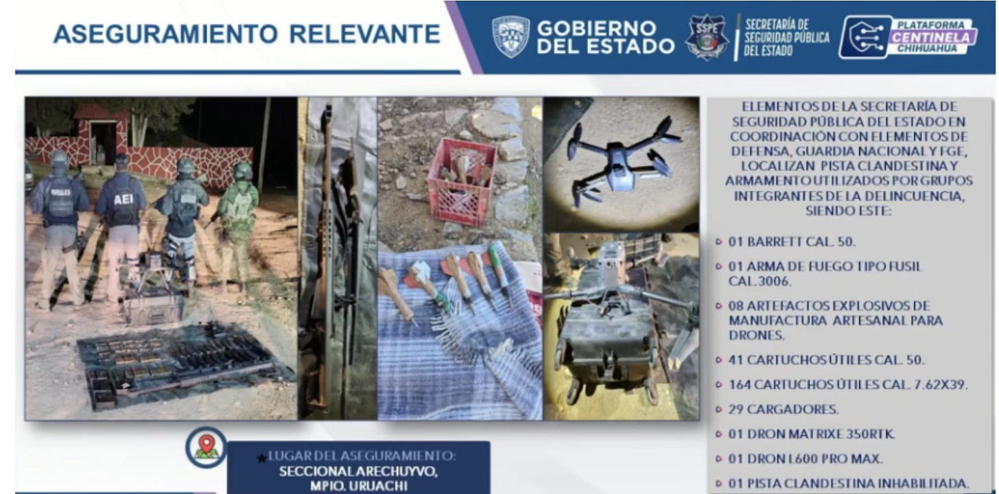 Chihuahua state officials display items seized from drug cartel members in southern Chihuahua, including drones used to drop bombs on soldiers. Chihuahua state officials display items seized from drug cartel members in southern Chihuahua, including drones used to drop bombs on soldiers.