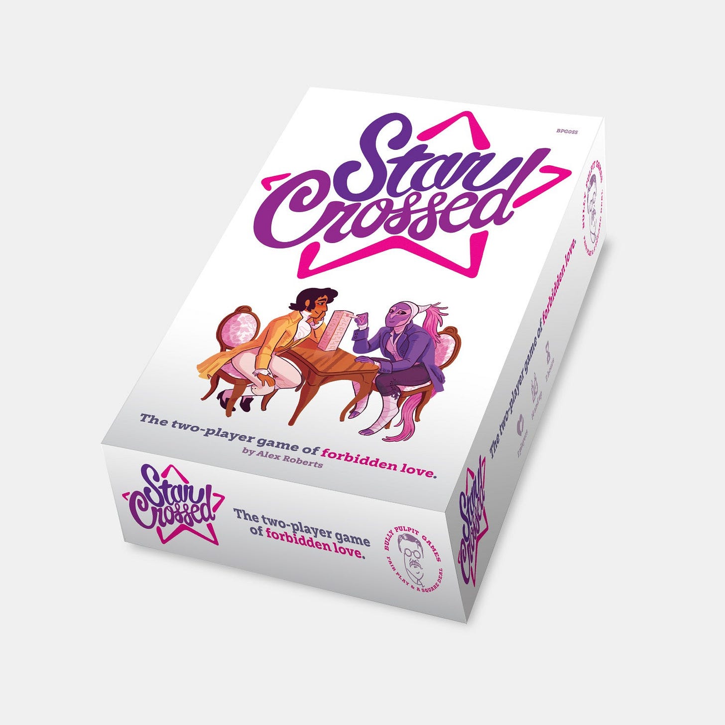 A box for the game Star Crossed. Star Crossed is a two-player game about really, really wanting to, when you really, really can’t. It's about the excitement, tension, and heartbreak of romance!  In Star Crossed, you’ll craft characters who are powerfully attracted to each other, but have a compelling reason not to act on their feelings. Some of the things you’ll want your character to do are going to increase that attraction— and when that happens, you are going to pull a brick out from an increasingly shaky tower and place it on the top. If the tower falls, your characters act on their feelings! Will your love be doomed, triumphant, or something in-between? Find out in STAR CROSSED! Featuring illustrations by Ignatz Award winner Jess Fink!  This game requires a 54-brick tumbling block tower and about two hours to play.