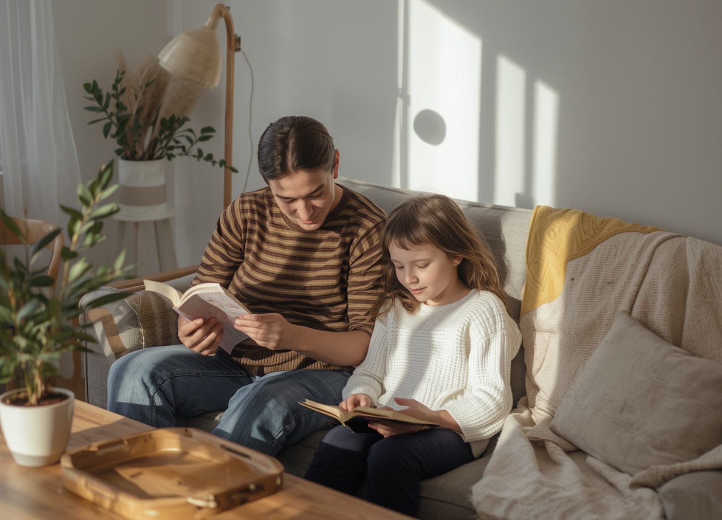 A homeschool mom and her daughter read together peacefully on the couch.