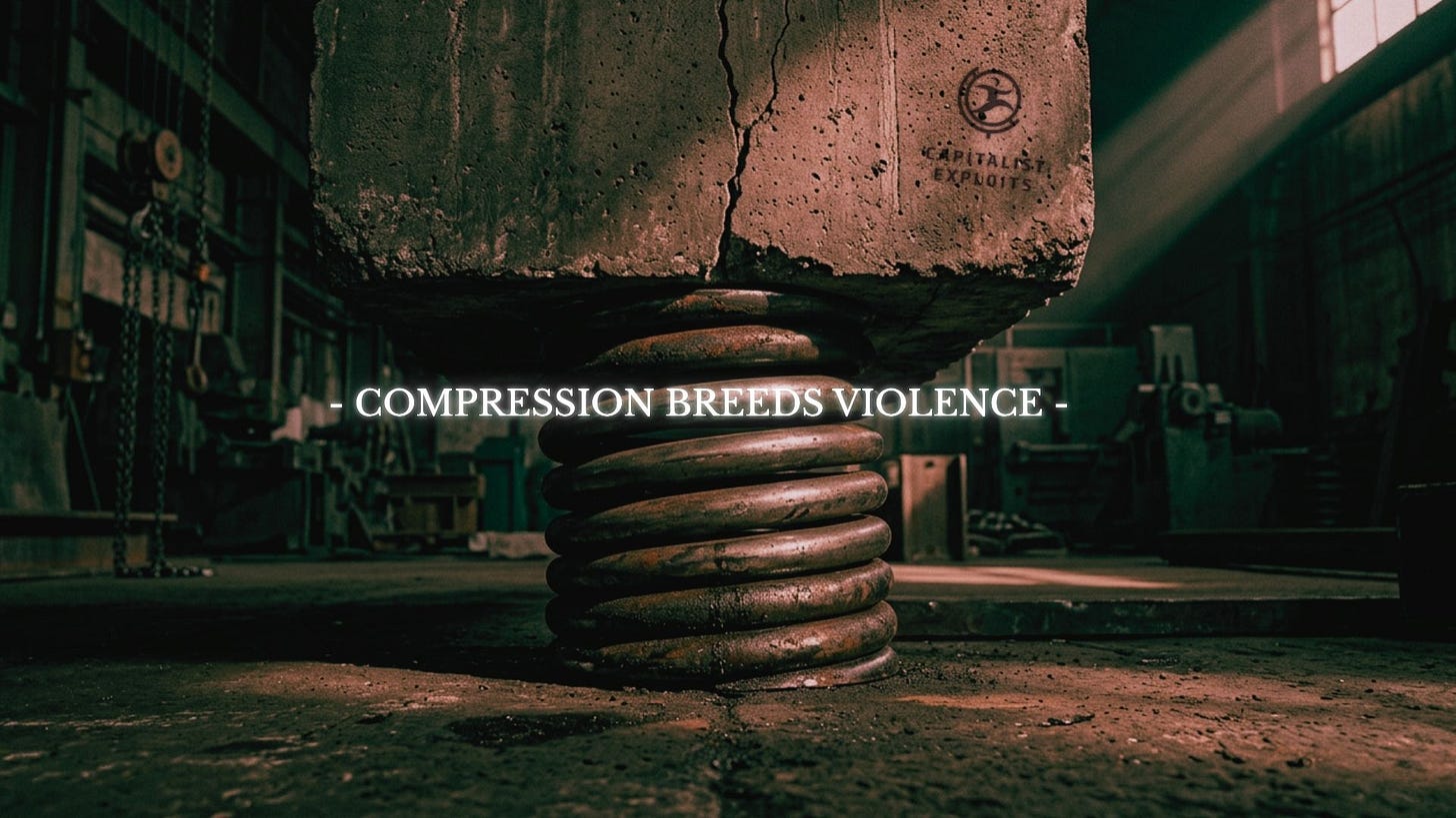 Industrial concrete block crushing metal coil spring with compression breeds violence text overlay Industrial concrete block crushing metal coil spring with compression breeds violence text overlay