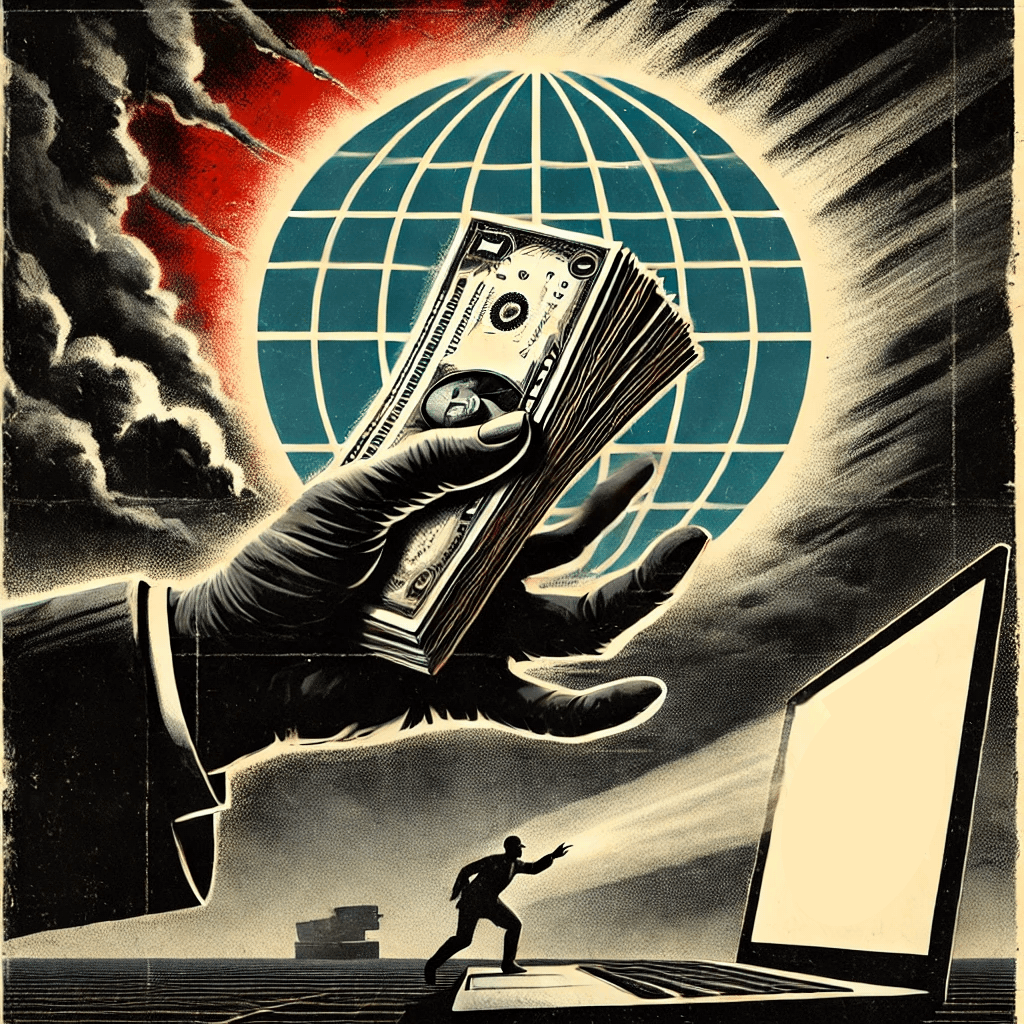 A dramatic cover image depicting a shadowy hand holding a stack of cash reaching toward a digital globe. The design evokes a foreboding, retero aesthetic with a dark and stormy background featuring muted grays, blacks, and hints of ominous red. The globe is abstract, with glowing digital elements suggesting connectivity and the concept of the internet. The image emphasizes a menacing tone without using any text, symbols, or logos, focusing solely on the mood and