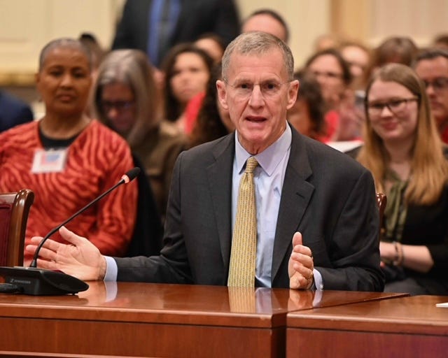 Left: More Perfect Co-Chair General McChrystal testifies in support of Governor Moore's Service Year option  | Right: Senator Harris Wofford at Summit at Gettysburg