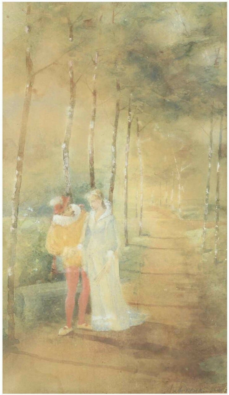 'Romatische boswandeling' - aquarel: Antoon Molkenboer (herkomst: Venduhuis De Eland De Zon, Amsterdam, Tijdelijk catalogusnummer 22B0000542) 'Romatische boswandeling' - aquarel: Antoon Molkenboer (herkomst: Venduhuis De Eland De Zon, Amsterdam, Tijdelijk catalogusnummer 22B0000542)