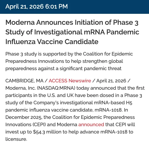 Moderna beginnt mit der Injektion von 4.000 Erwachsenen mit dem modRNA-Vogelgrippe-„Pandemie-Impfstoff“