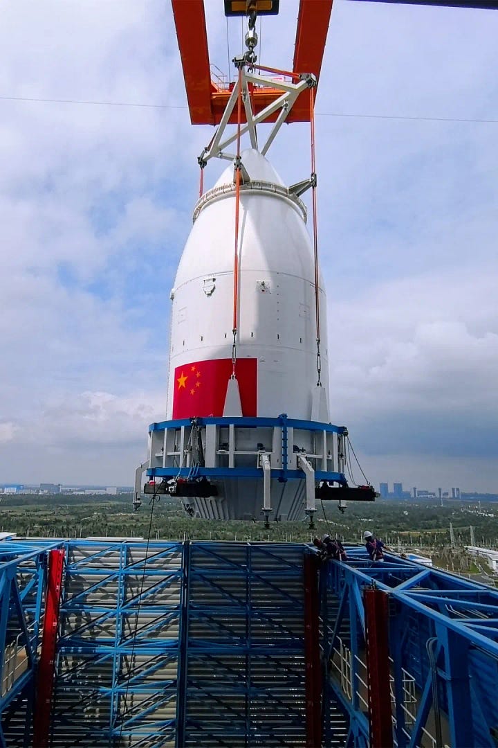 The boosters, first-stage, second-stage, and fairing of the Long March 8A being prepared for its December 6th 2025 mission.