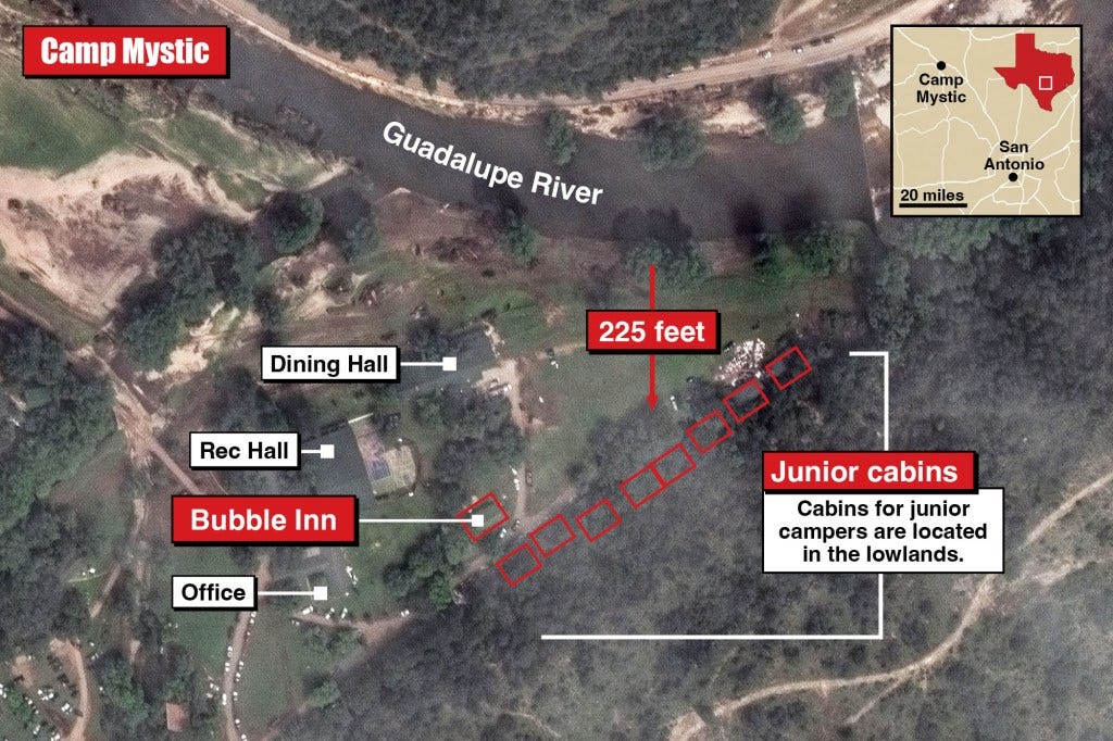 Aerial map of Camp Mystic showing cabin locations and other buildings.