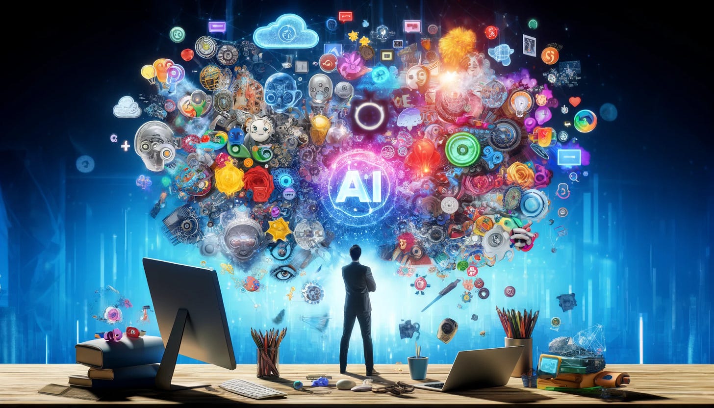 DALL·E 2024-05-15 18.40.33 - A dynamic scene showing a person surrounded by a variety of generative AI tools, each represented by colorful icons and symbols, floating around them