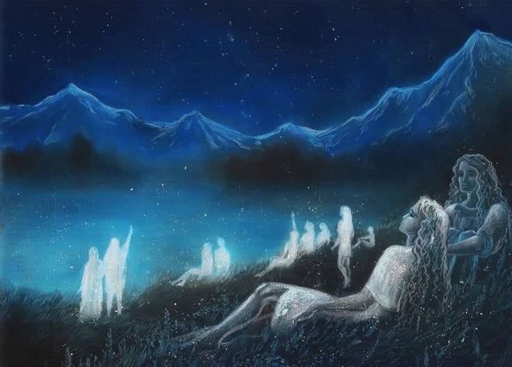 This may contain: a painting of a woman laying on the ground next to a man with long hair