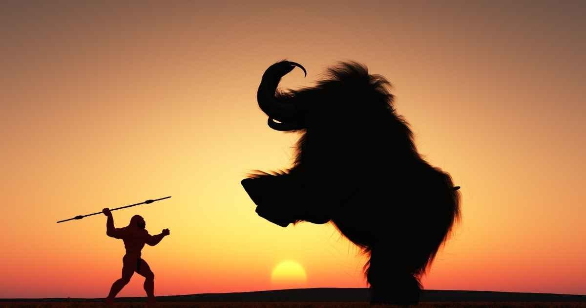Neanderthal man hunting a mammoth