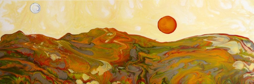 A landscape in oranges and greens with a yellow sky. A red giant sun floats in the sky with a white-blue moon off to the left. Original artwork by Anna Loscotoff.