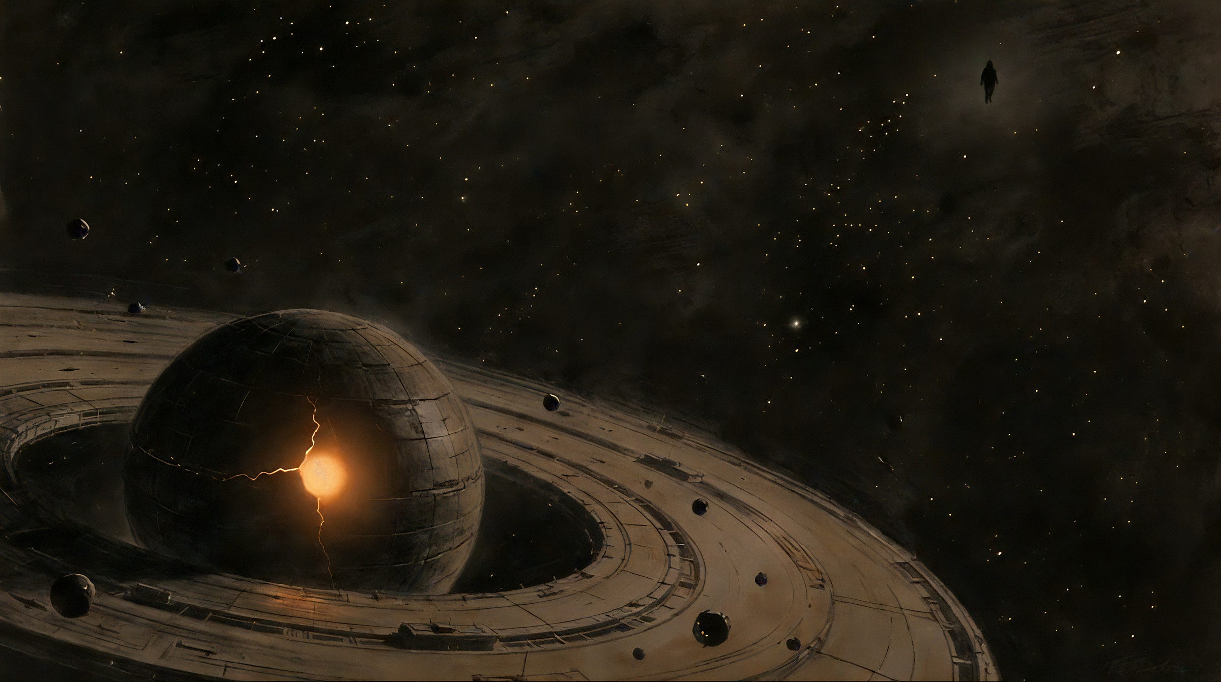One tiny figure high at the edge of the dark looks down over a vast hidden civilization spread across dim, covered stars, ships beyond counting as a faint haze, intact and lightless. Warm-amber charcoal.
