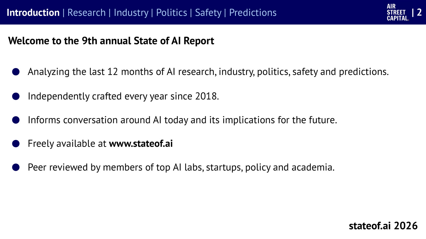 Slide introducing the 9th State of AI Report, which covers AI research, industry, politics and safety, plus predictions Slide introducing the 9th State of AI Report, which covers AI research, industry, politics and safety, plus predictions