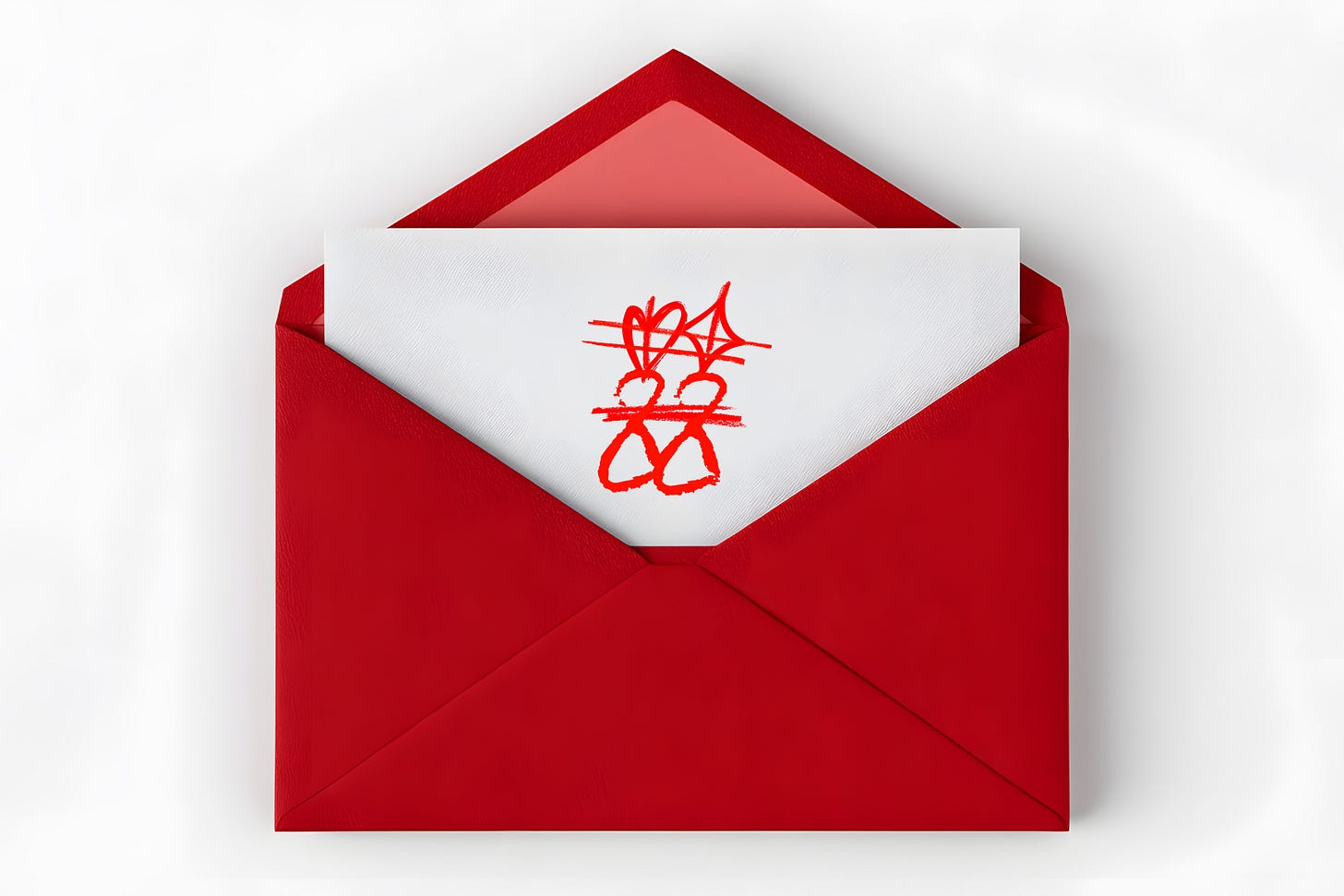 An open, bright red envelope rests on a white background, revealing a white card partially inserted inside. On the card is a custom, stylised version of the Chinese "double happiness" symbol (ć), drawn in red ink, which subtly incorporates the shapes of a heart and a diamond within its design. An open, bright red envelope rests on a white background, revealing a white card partially inserted inside. On the card is a custom, stylised version of the Chinese "double happiness" symbol (ć), drawn in red ink, which subtly incorporates the shapes of a heart and a diamond within its design.