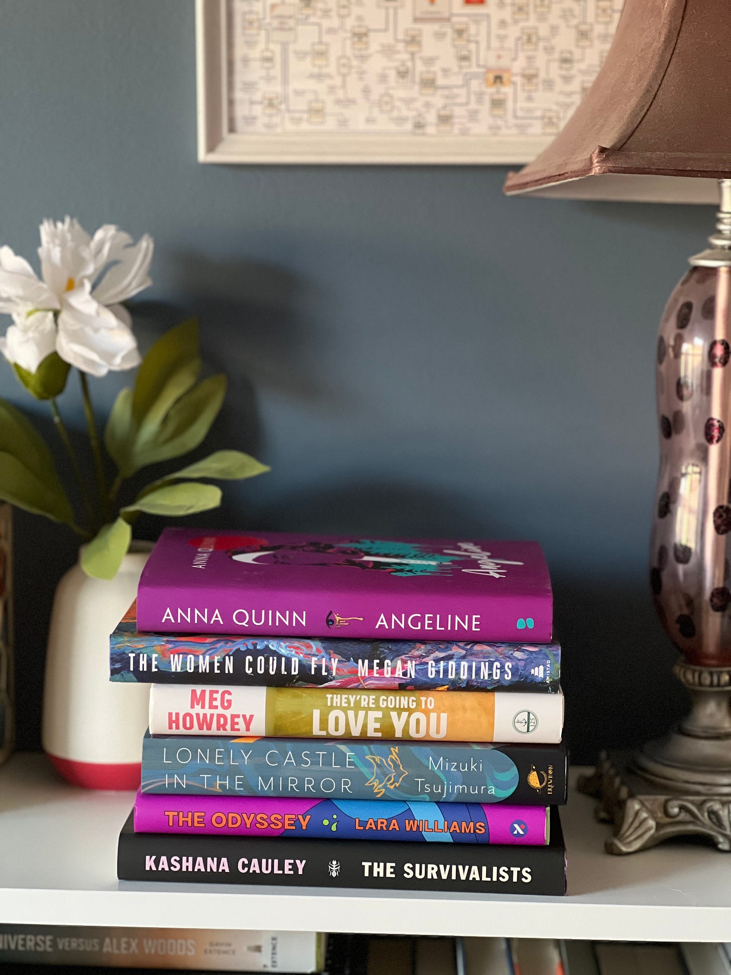 A book stack containing the titles: Angeline, The Women Could Fly, They're Going to Love You, Lonely Castle in the Mirror, The Odyssey, and The Survivalists. 