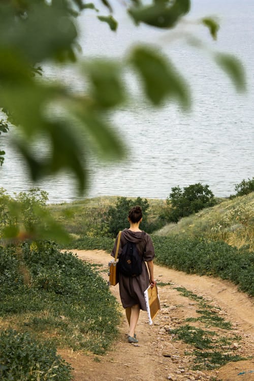 Free Full body back view of unrecognizable painter with backpack and equipment for drawing walking along path to pond Stock Photo